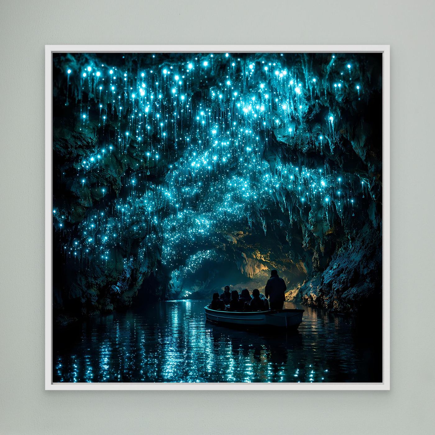 Leinwandbild mit weißem Rahmen: dunkle Höhle mit blau leuchtenden Glühwürmchen und Boot