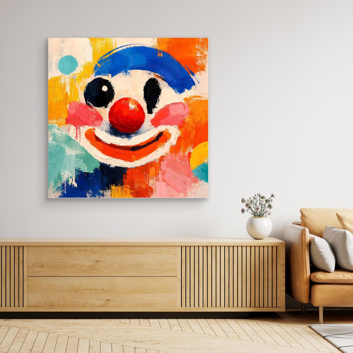 Abstraktes Leinwand-Wandbild mit Clown-Gesicht in Bunt, rahmenlos