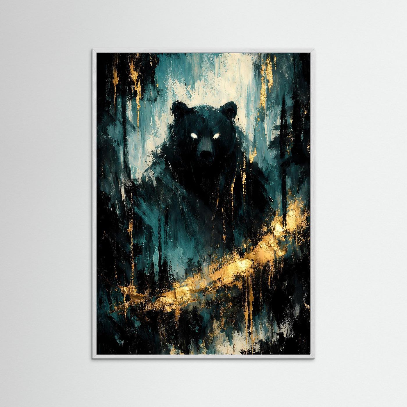 Bären-Poster mit leuchtenden Augen, weißer Holzrahmen