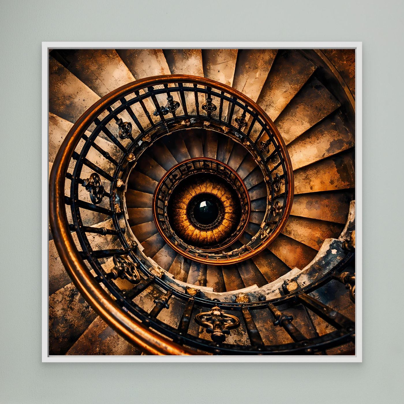 Leinwandbild Wendeltreppe, gold-braun und schwarz, weiß gerahmt