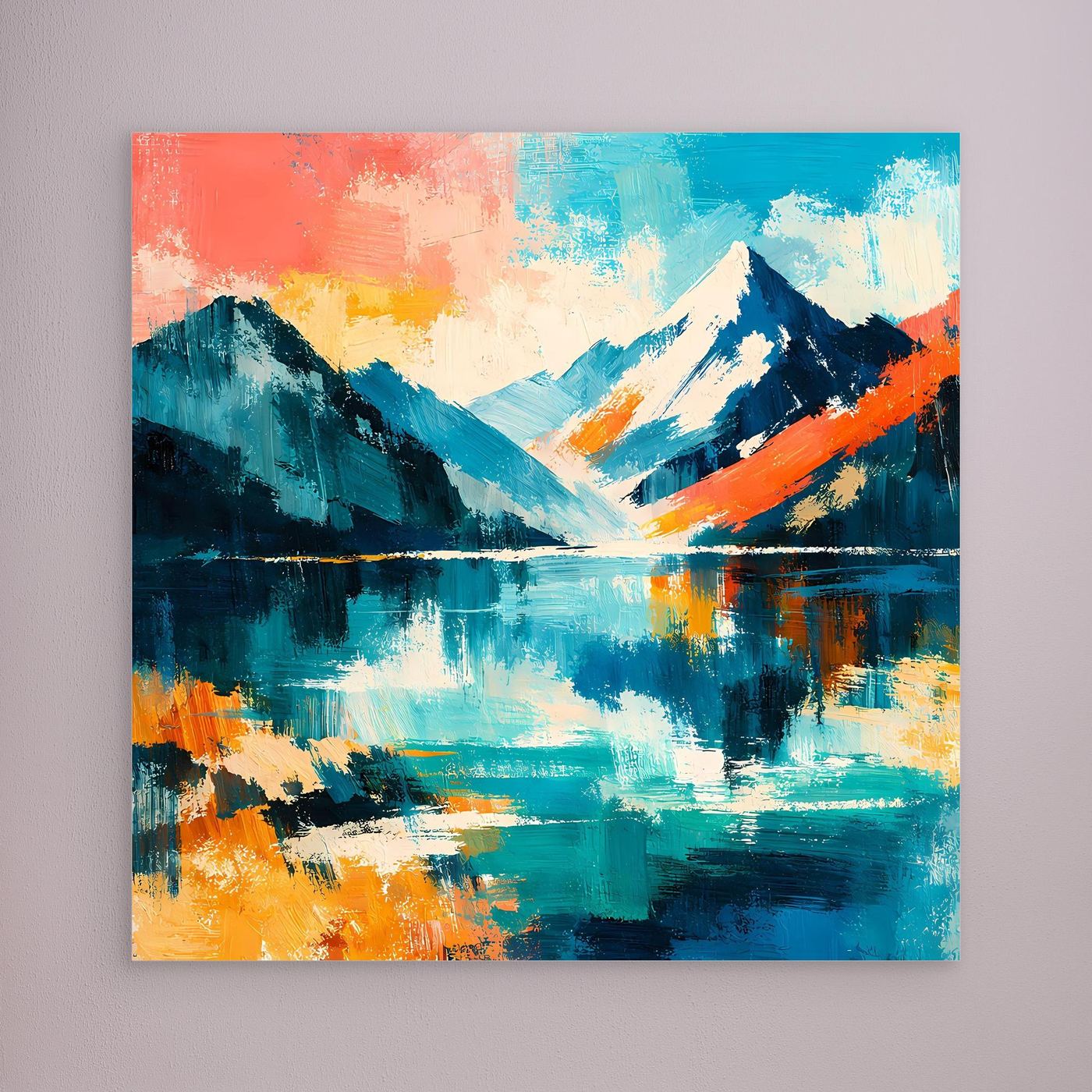 Leinwand-Wandbild mit abstrakter Bergwelt und See, ohne sichtbaren Rahmen