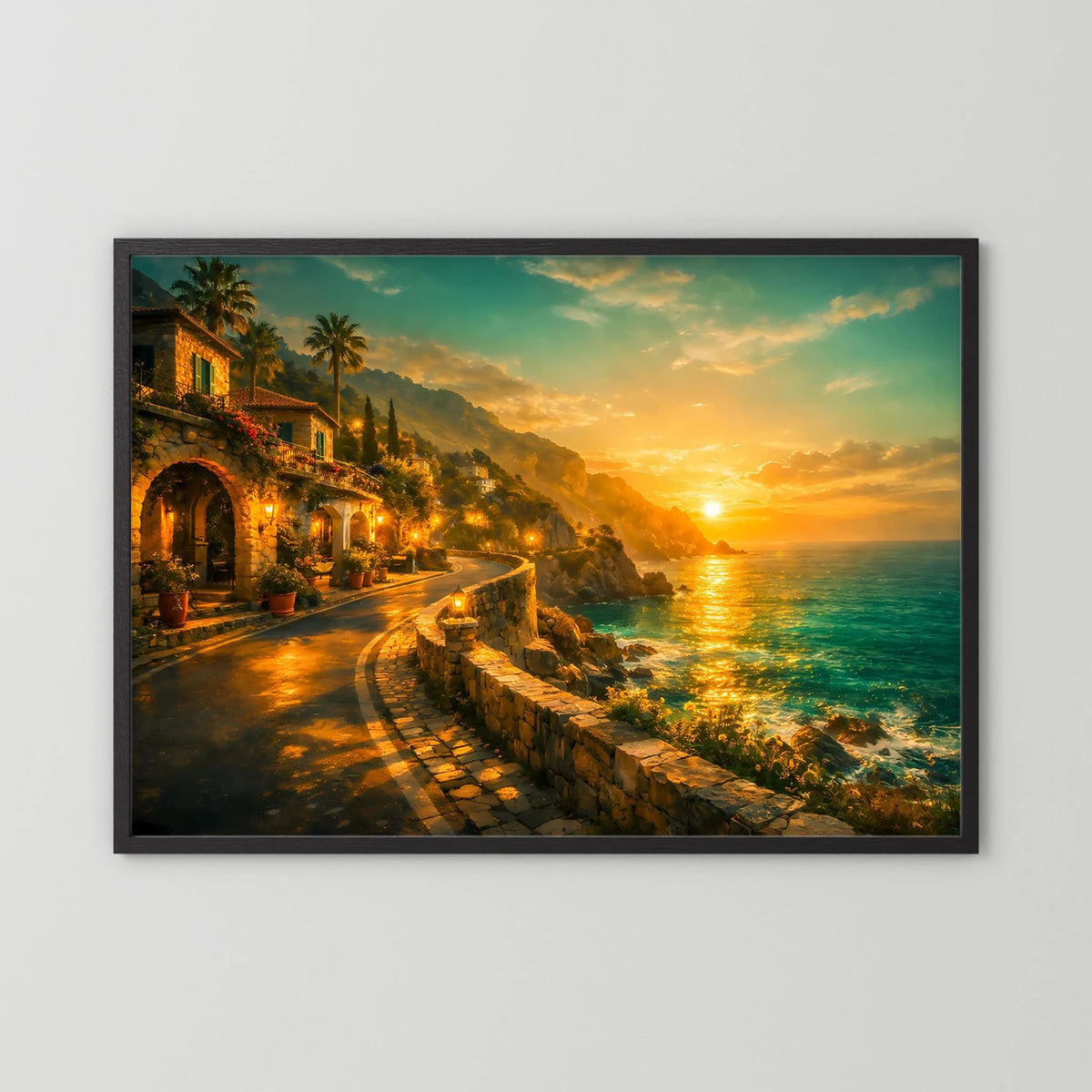 Wandbild mit schwarzem Holzrahmen: Küstenweg mit Häusern am goldenen Sonnenuntergang