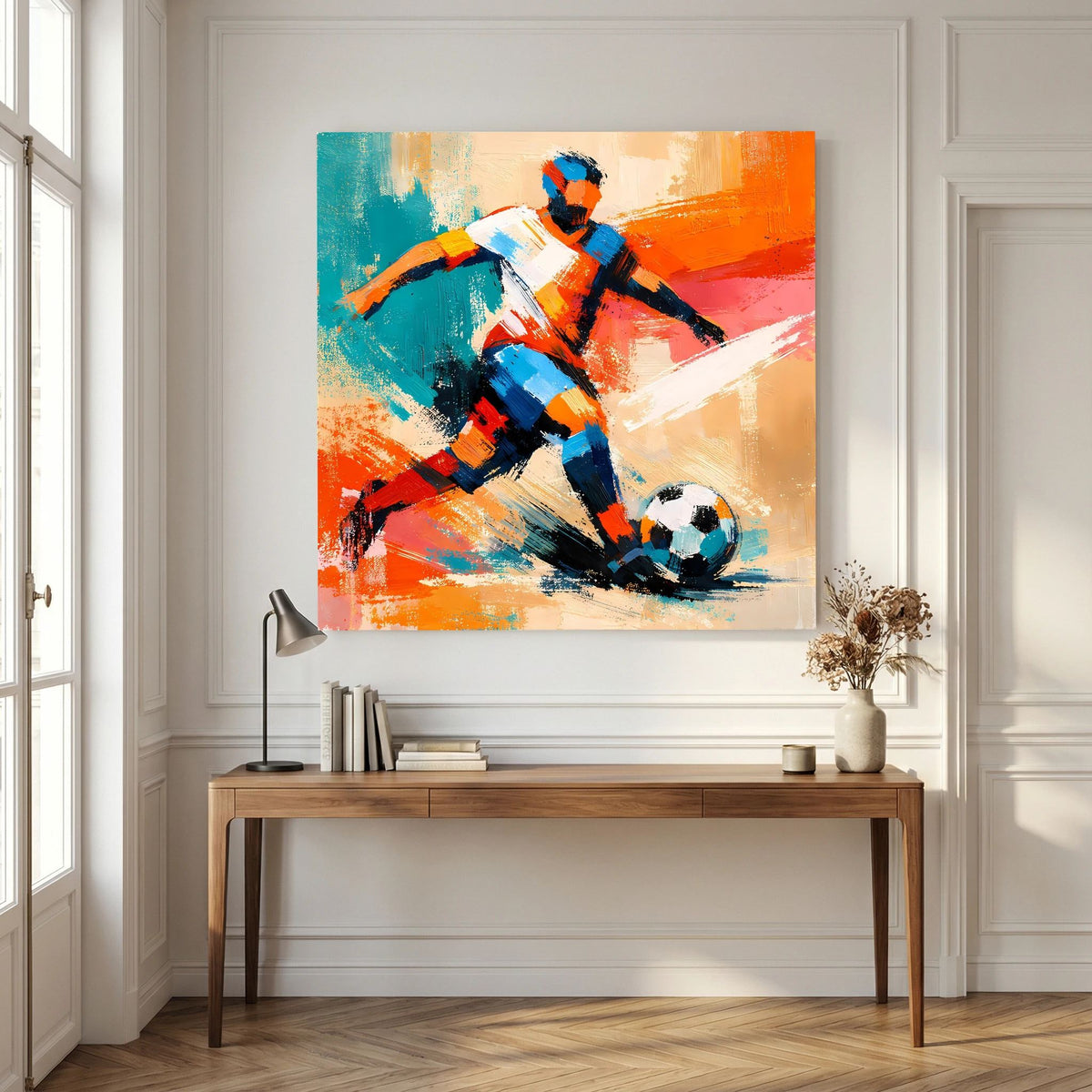 Leinwand Dynamischer Fußballspieler in Aktion | Abstraktes Sport & Fußball Wandbild