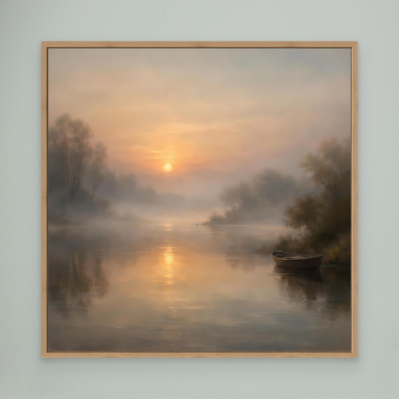 Leinwandbild im Eichenrahmen: nebliger Flussmorgen mit Sonnenaufgang, Boot und Uferbäumen