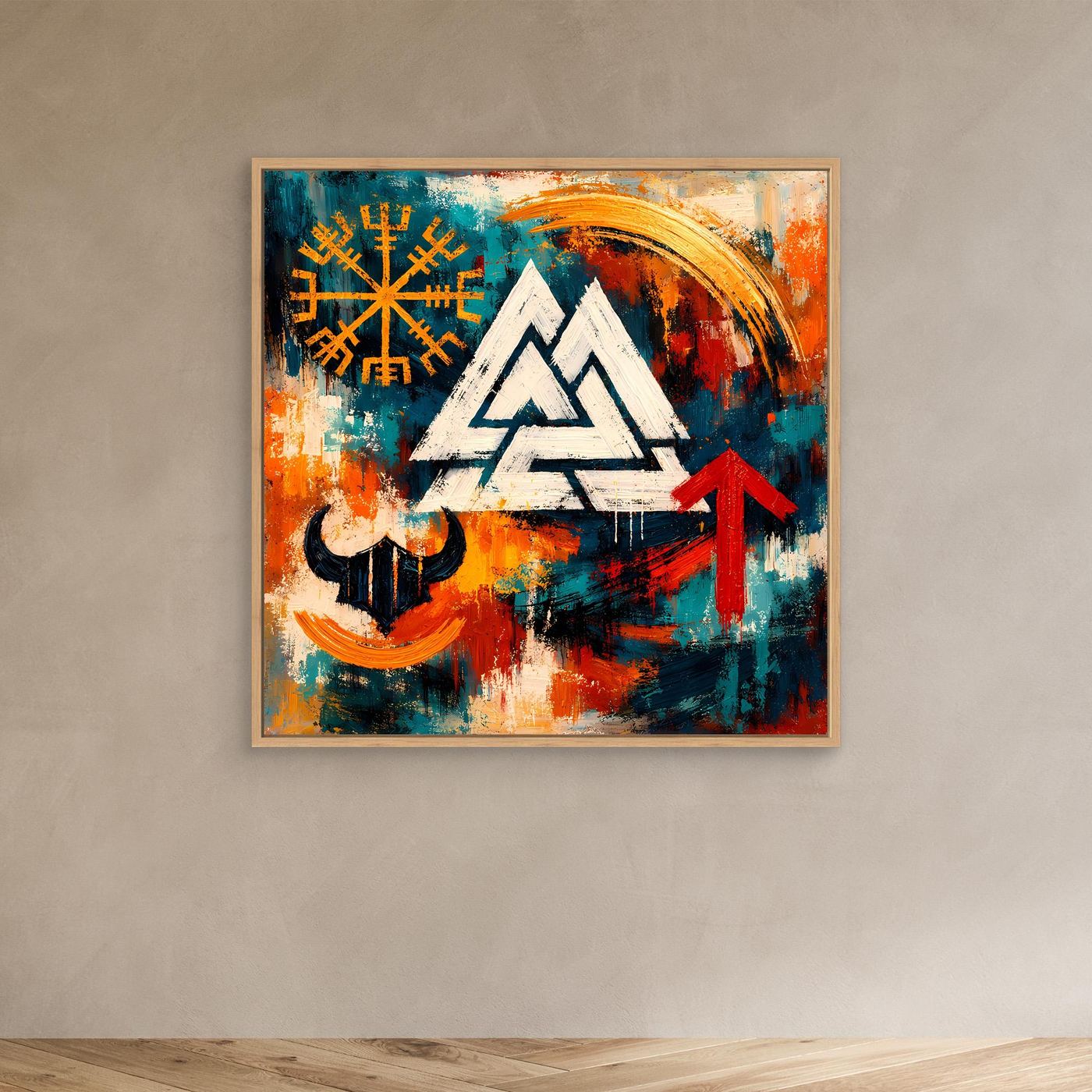 Leinwand-Wandbild mit Eichenholzrahmen: Wikinger-Runen, Helm-Symbol, Valknut und Pfeil