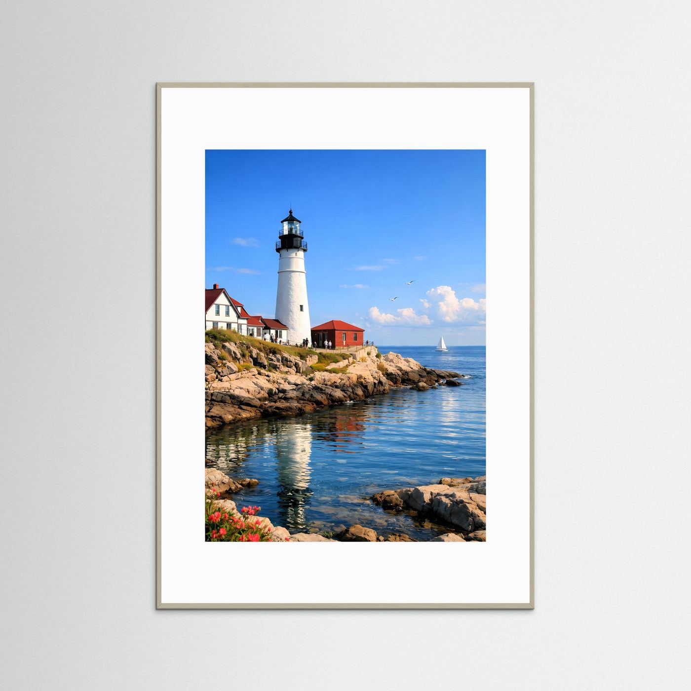 Leuchtturm-Küstenposter im hellen Rahmen mit weißem Passepartout, Küste