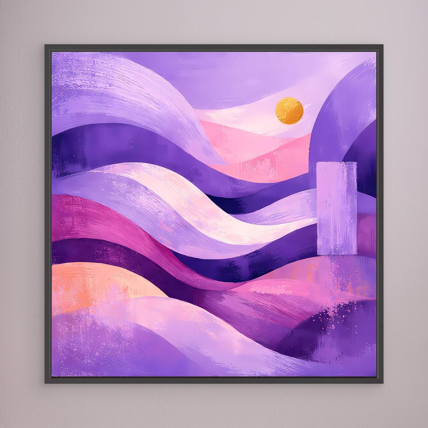 Leinwand-Wandbild mit abstrakten Dünenwellen in Lila und Pink, Gelbmond, schwarzer Rahmen