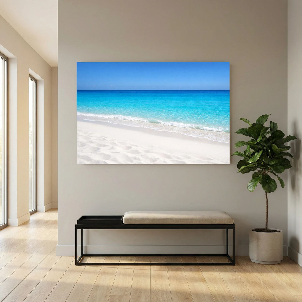 Wandbild Meer und Strand mit türkisblauem Wasser, hellem Sand und blauem Rand, Querformat