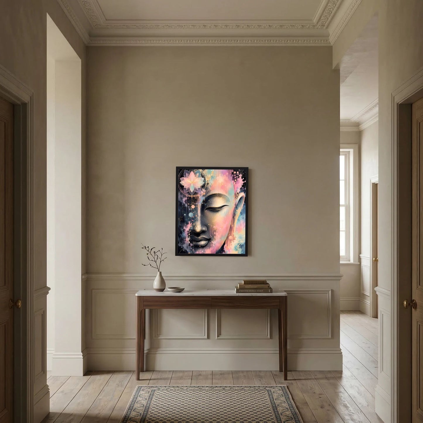 Buddha-Kunstposter im Hochformat im schwarzen Rahmen mit abstraktem Gesicht in Pastell, Gold & Schwarz