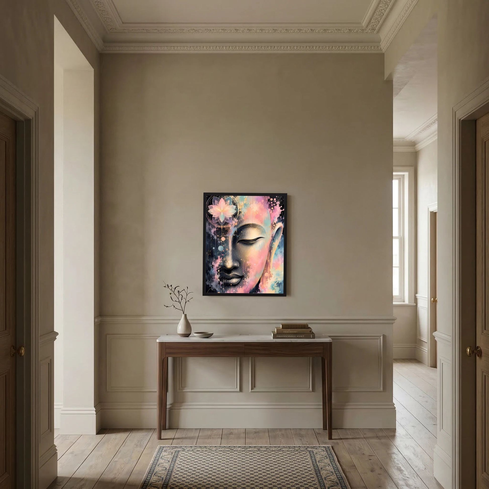 Buddha-Kunstposter im Hochformat im schwarzen Rahmen mit abstraktem Gesicht in Pastell, Gold & Schwarz