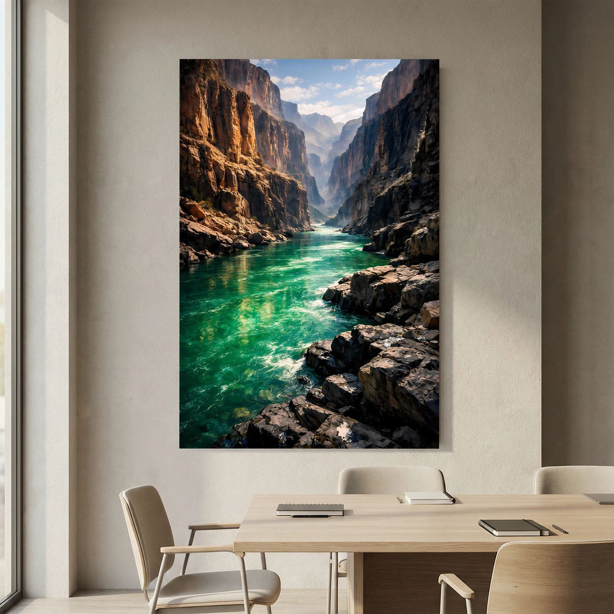 Hochformatiges Wandbild mit Schluchtblick, türkisgrünem Fluss und Felswänden