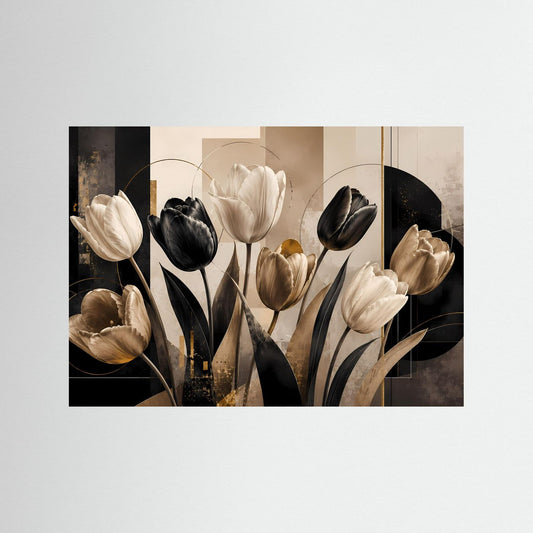 Poster mit abstrakten Tulpen in schwarz, cremefarben, mit goldfarbenen Details, quer