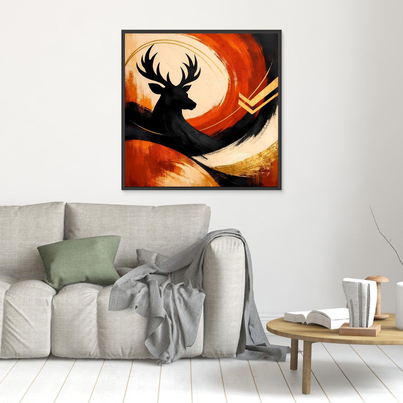 Gerahmtes Leinwandbild mit Hirsch im Profil, abstrakte Farbverläufe in Orange und Gold