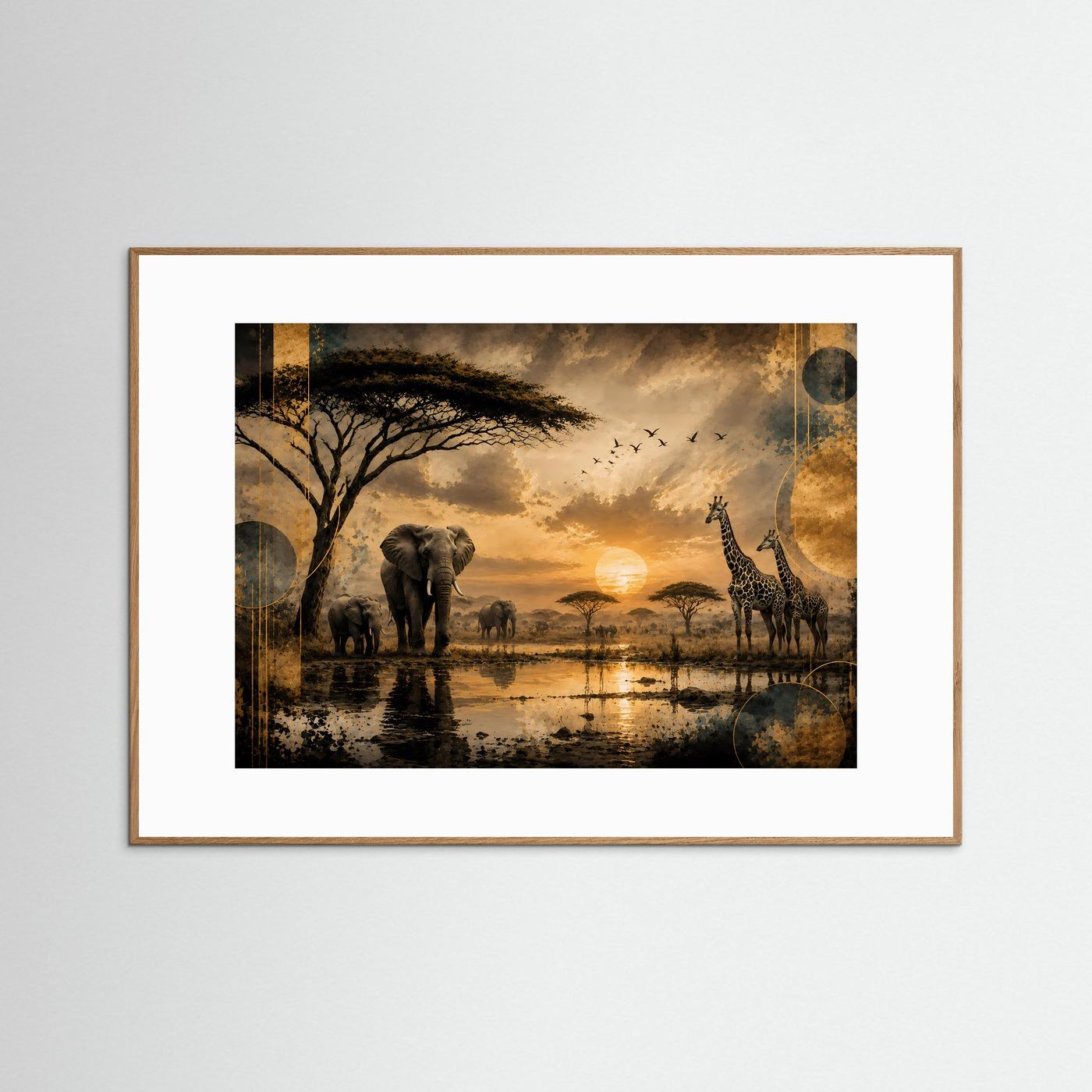 Querformat-Poster: Elefanten & Giraffen in afrikanischer Savanne, goldener Sonnenuntergang, heller Rahmen