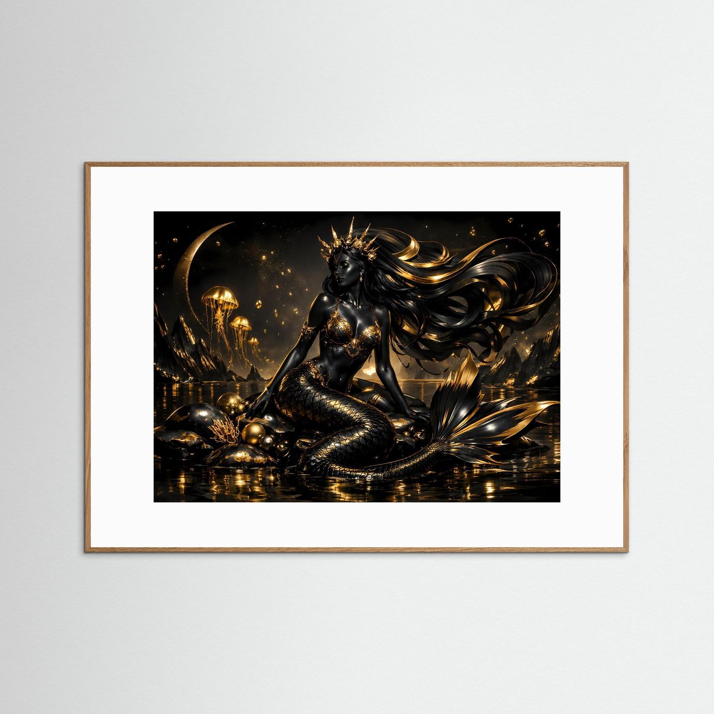 Schwarze Meerjungfrau mit Goldkrone & Quallen | Mystisches Wandbild Querformat