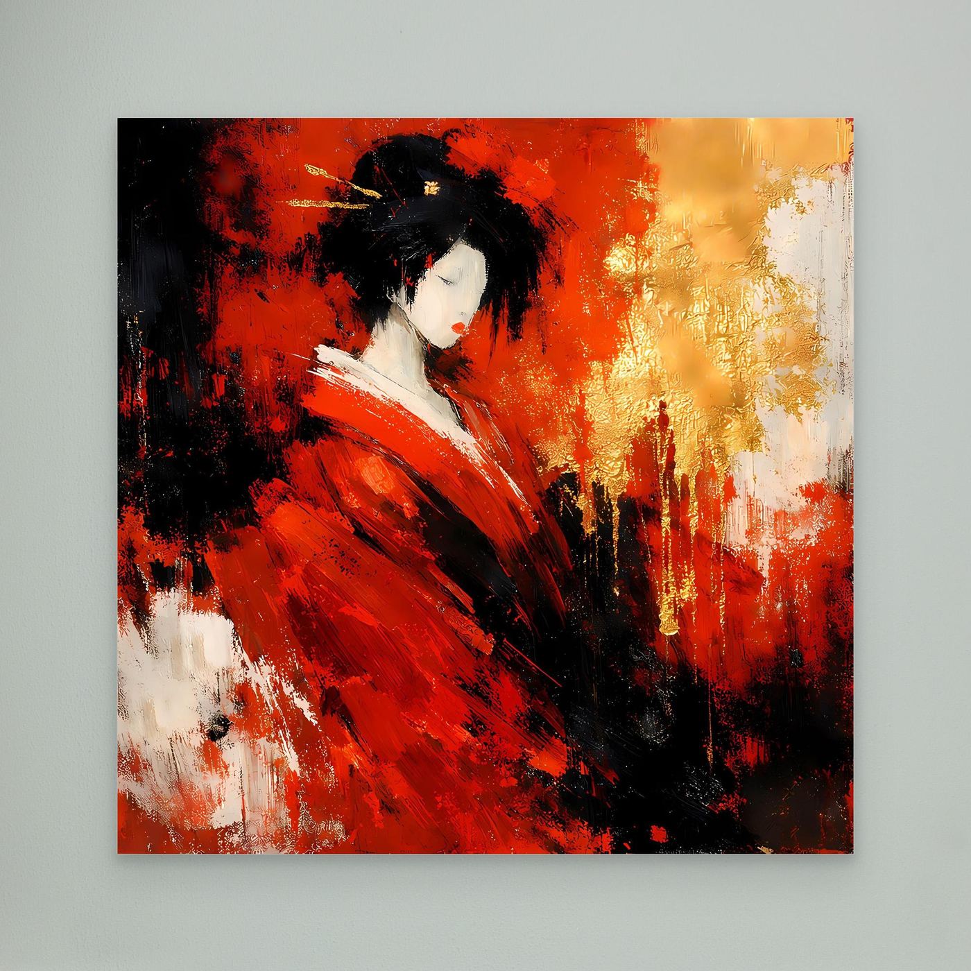 Leinwand Elegante Geisha im Roten Kimono | Abstraktes Asiatisches Wandbild Moderne Kunst