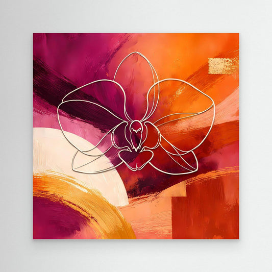 Leinwandbild mit abstrakter Orchidee in warmen Magenta- und Orangetönen, weiße Linien