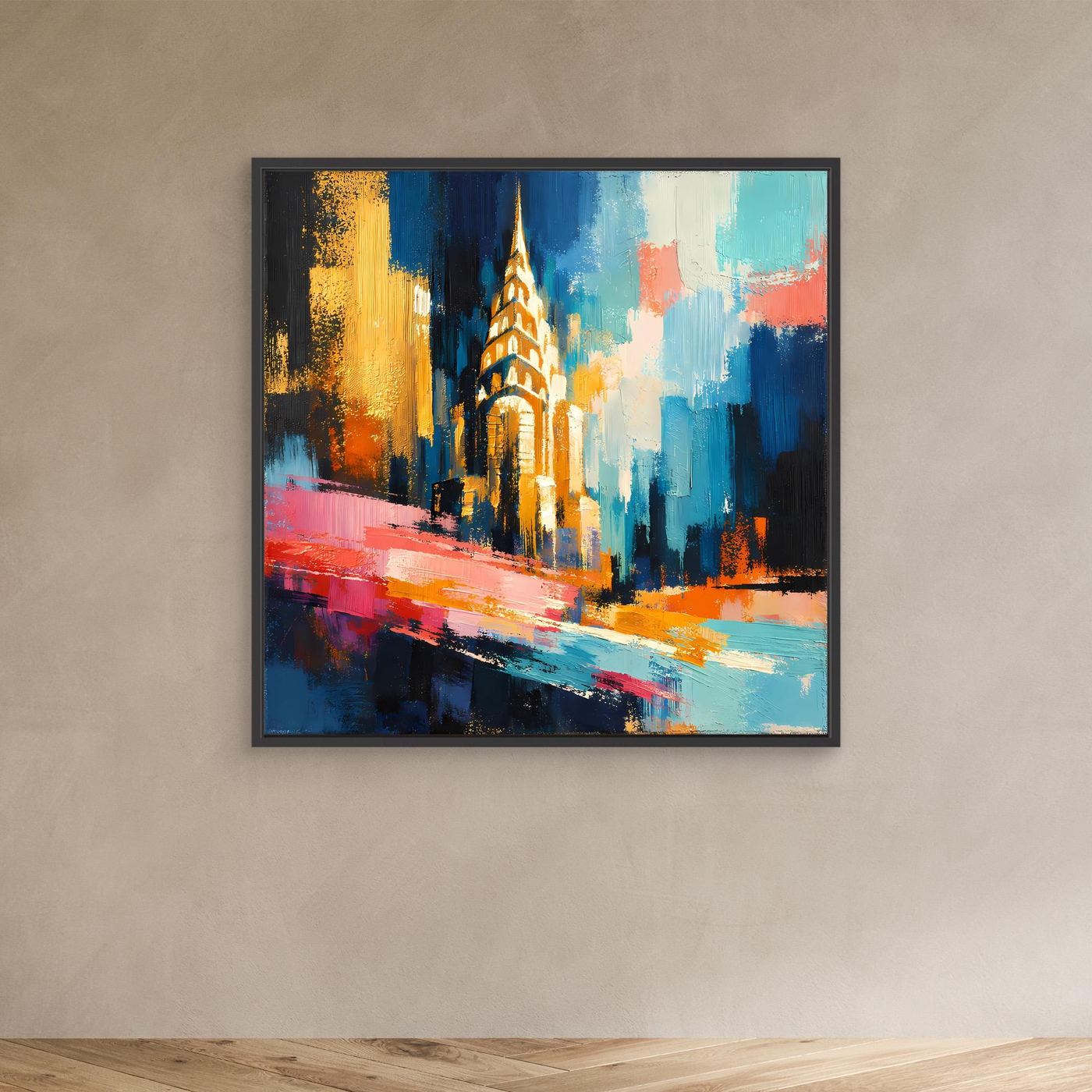 Leinwand-Wandbild im schwarzen Rahmen mit abstraktem Gebäude: goldener Turm, farbige Pinsel