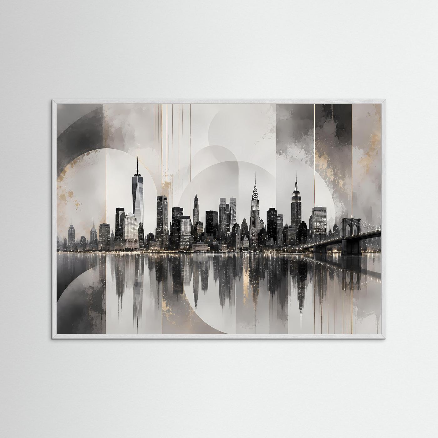 Querformatiges Skyline-Poster mit Brückenmotiv im hellbraunen Holrahmen, Grau-Schwarz-Creme