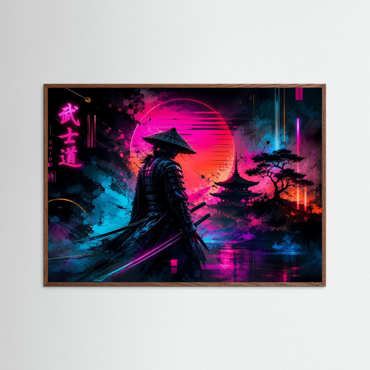 Neon-Samurai-Poster mit dunklem Eichenrahmen, Querformat: Samurai mit Schwert, Pink/Blau