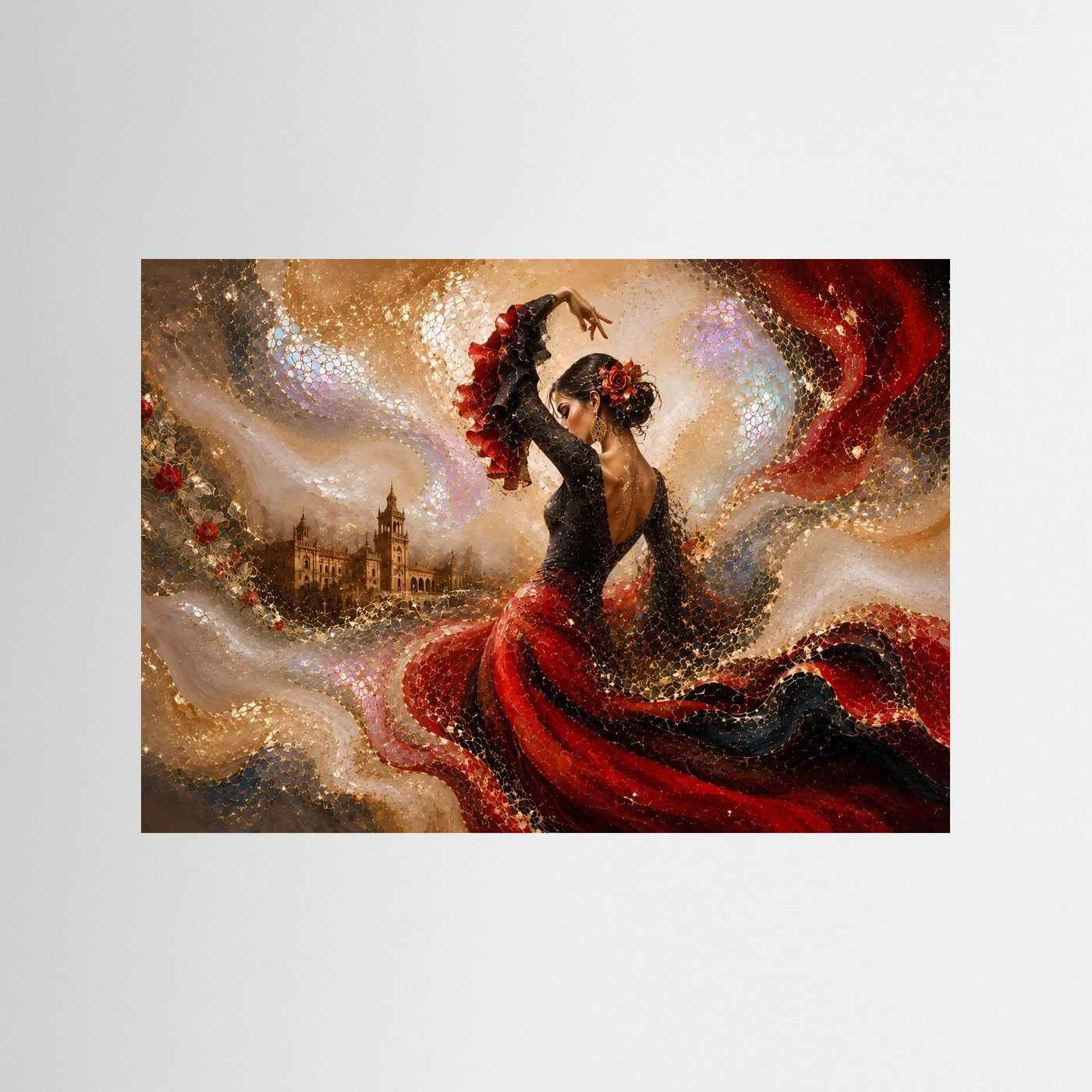 Flamenco-Wandkunst mit Tänzerin: schwarzes Kleid, roter Fächerrock, goldene Glitzerakzente.
