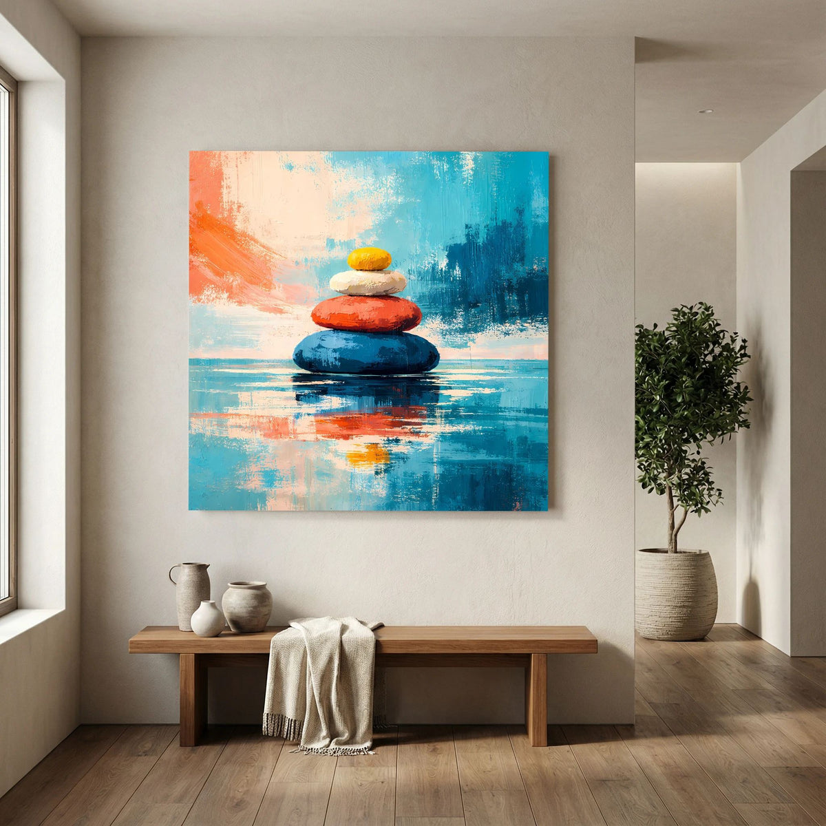 Leinwandbild mit Zen-Steinen in Blau und Orange, zentraler Stapel mit Reflex im Wasser