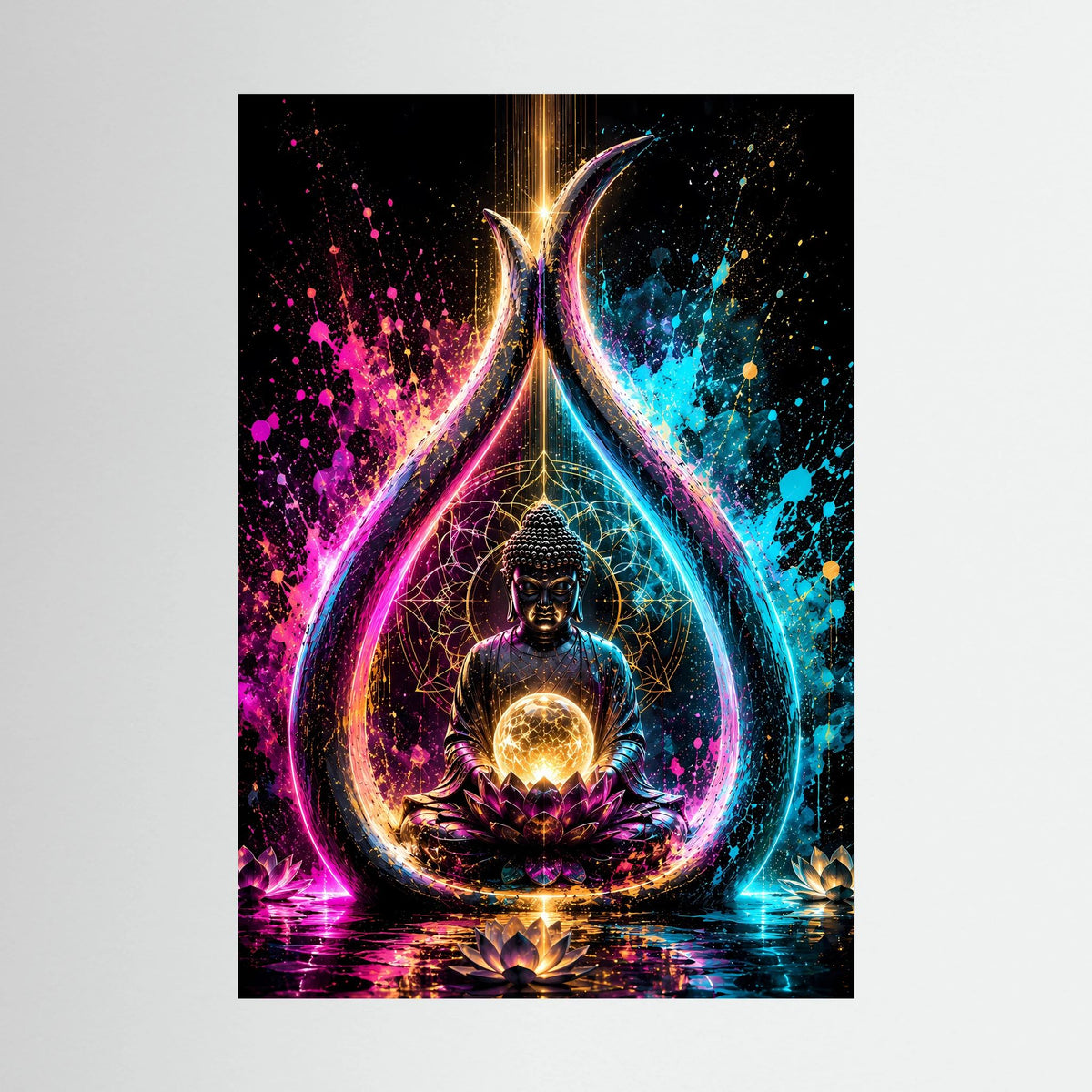 Spirituelles Poster: meditativer Buddha auf Lotus mit leuchtender Energiekugel im Neon-Drop