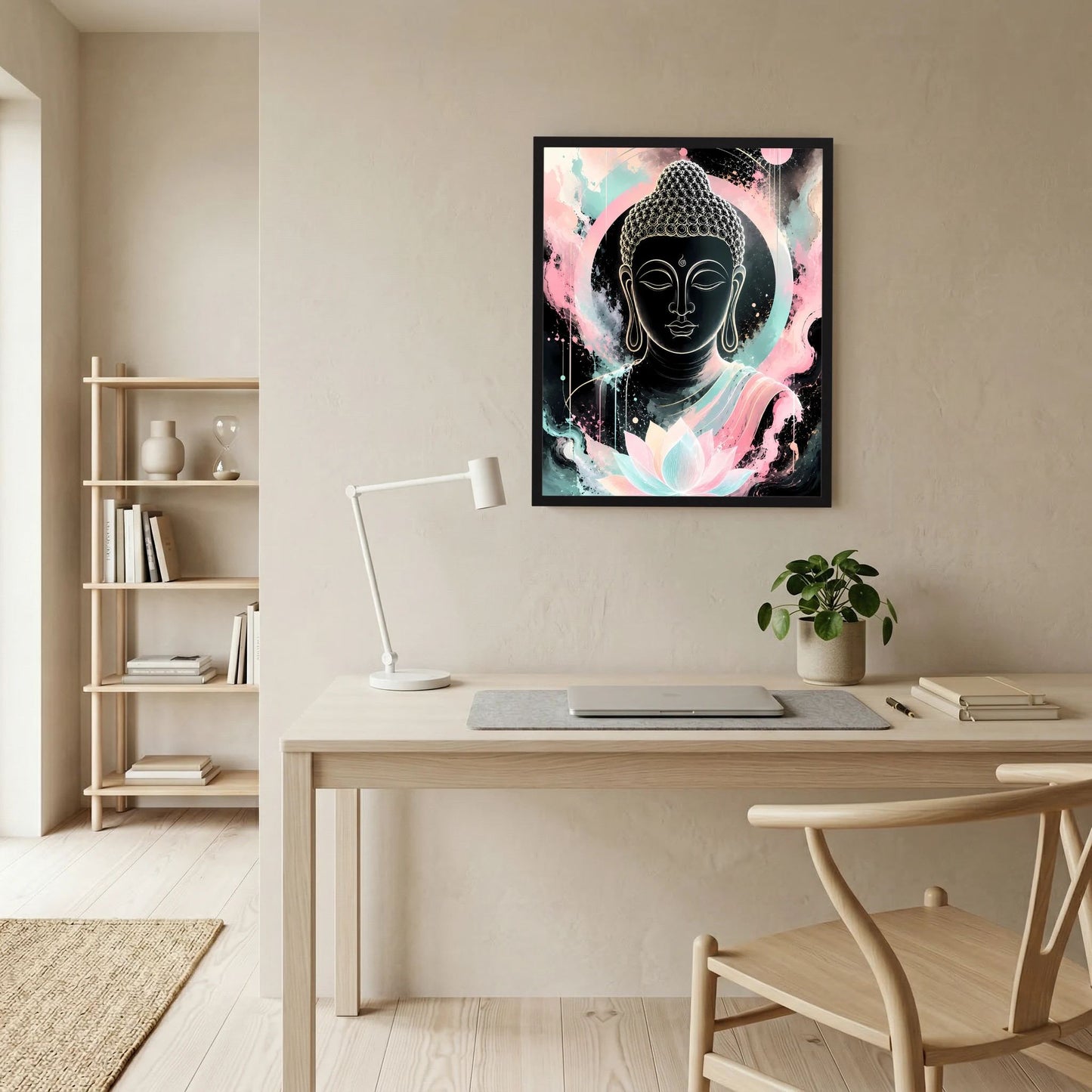 Buddha-Poster im Hochformat mit schwarzer Buddhafigur und Lotusblüte in Pastellfarben