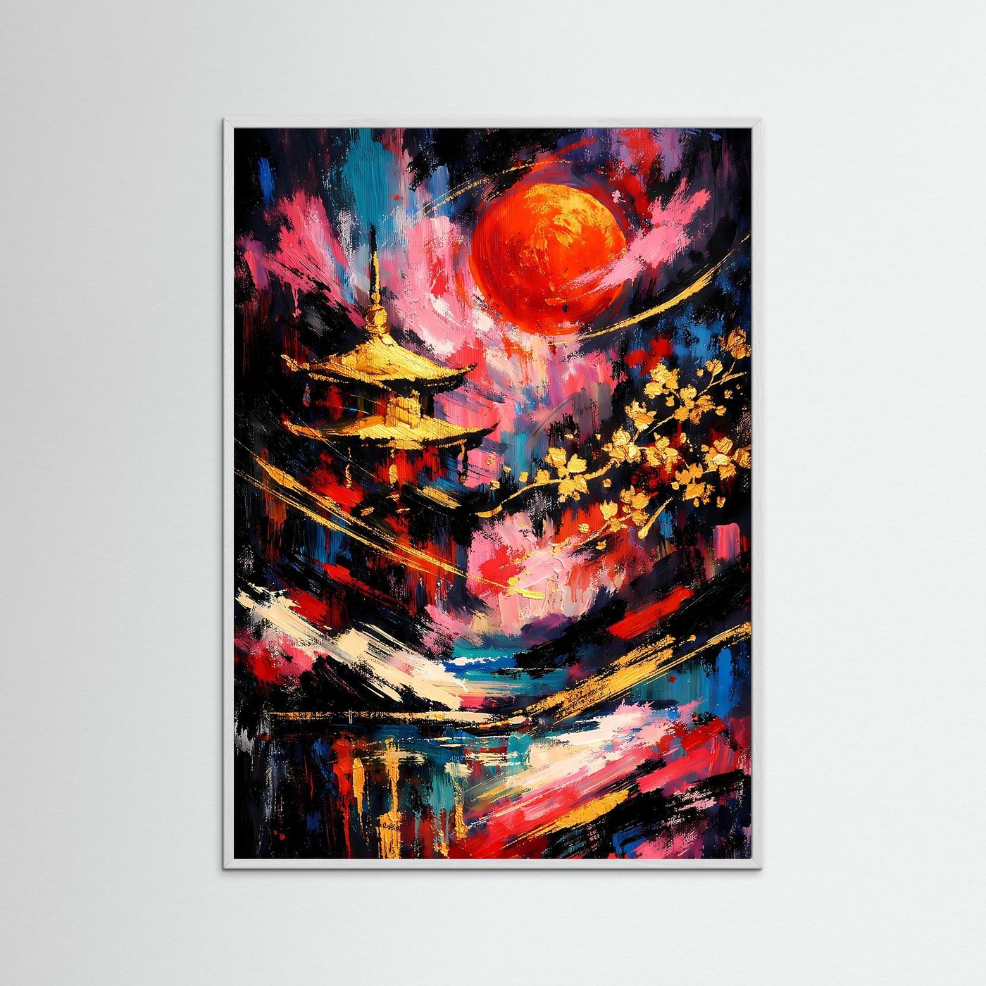 Abstraktes Pagoden-Poster (Hochformat) mit Sonnenmotiv, dunkler Rahmen