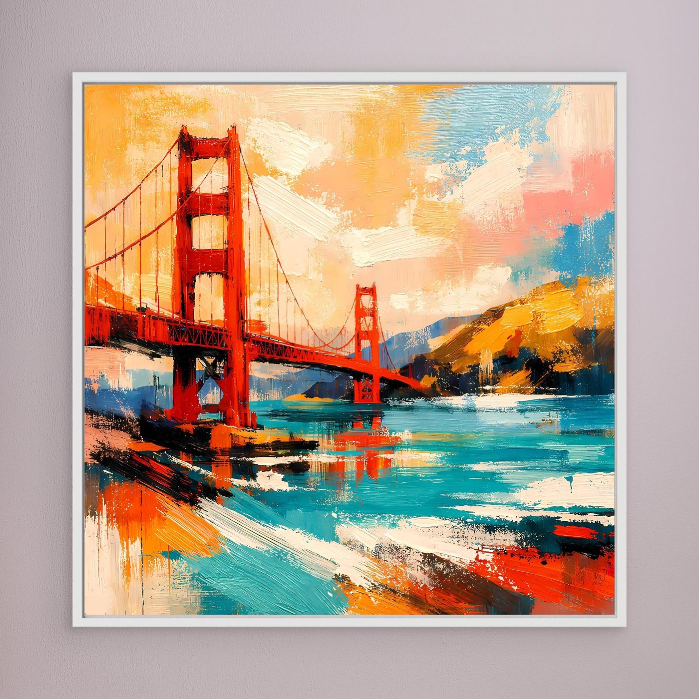 White-framed abstract bridge wall art with red bridge towers and teal-orange brush texture