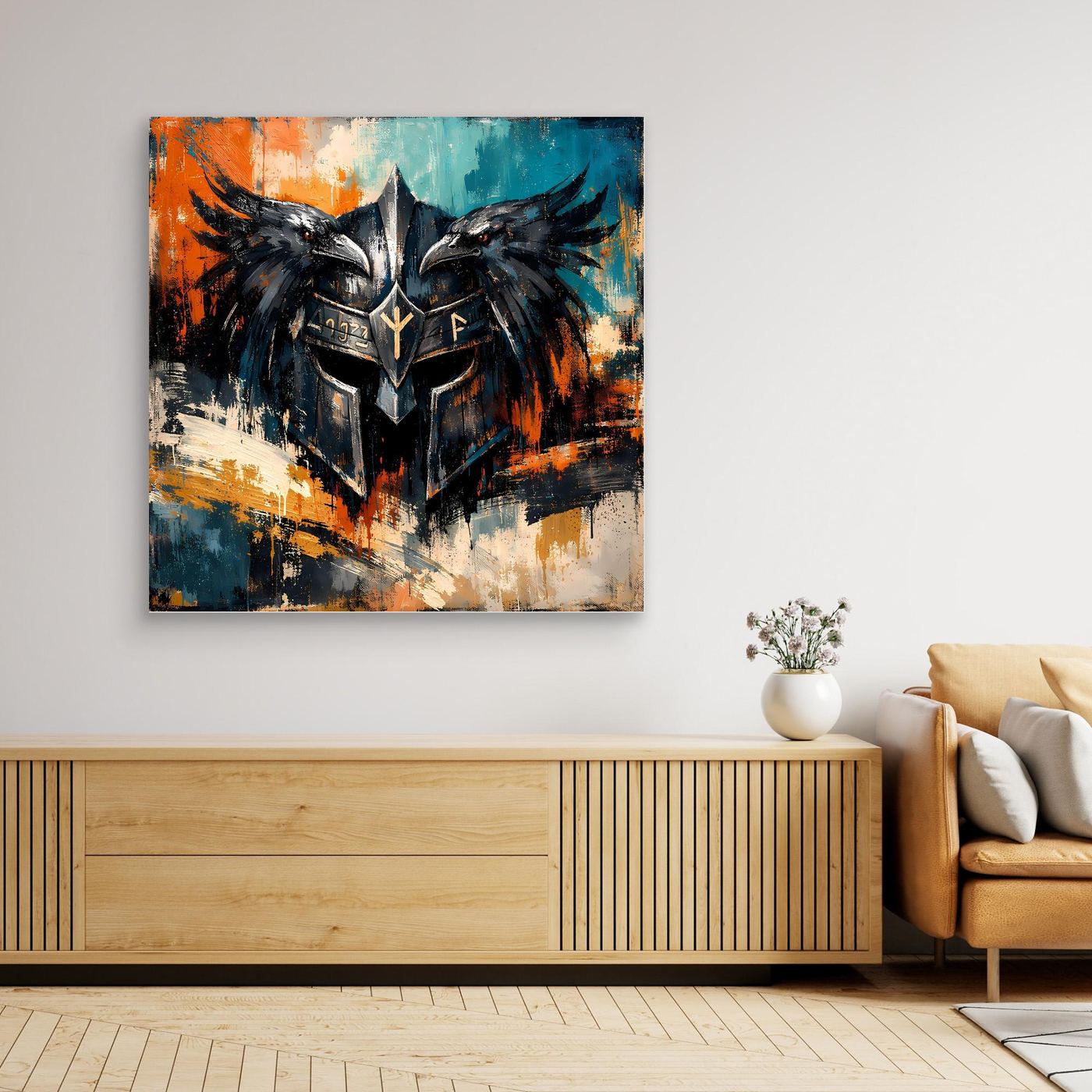 Leinwand-Wandbild mit Odin-Helm und Raben, abstrakt, mehrfarbig, Holzrahmen