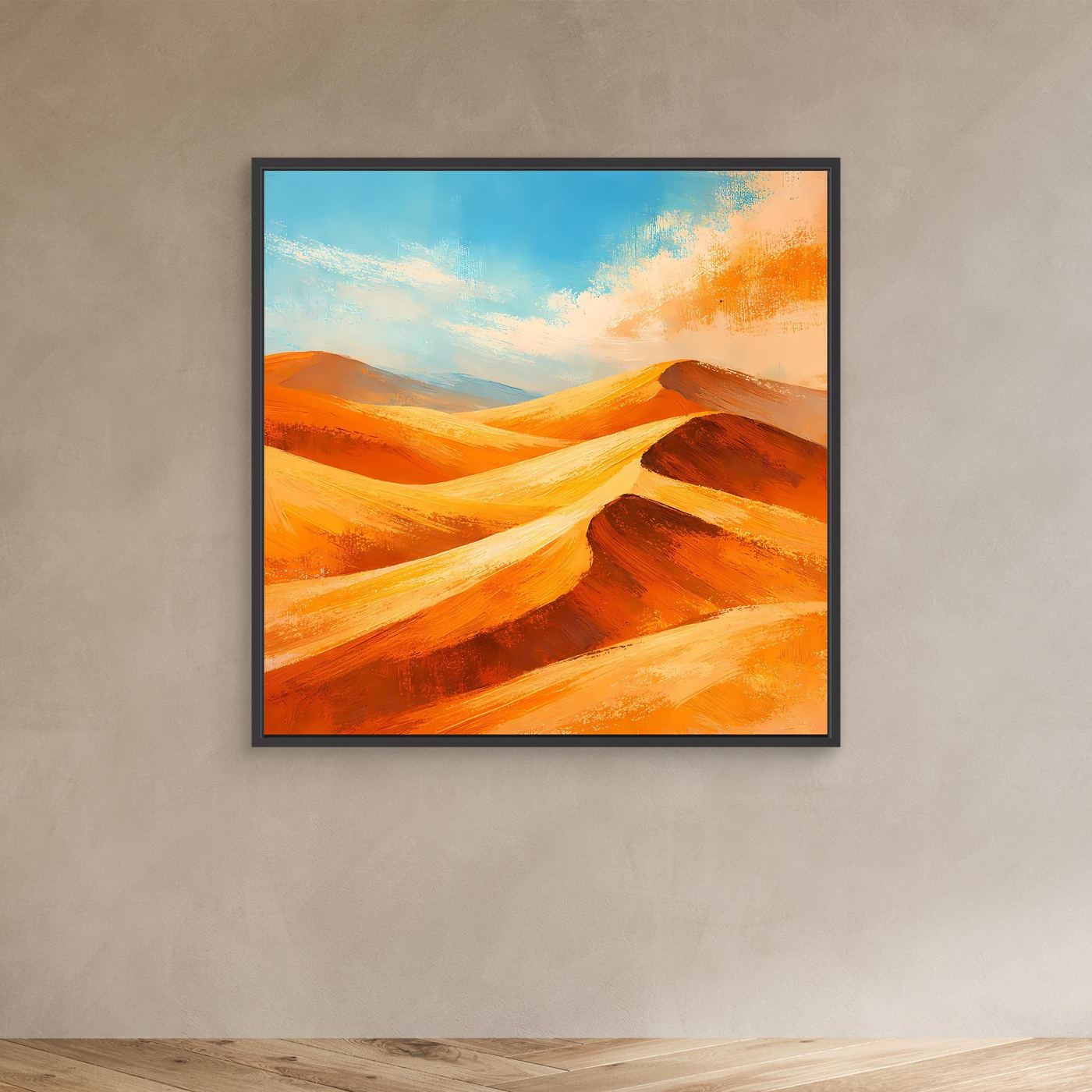 Abstract canvas wall art with blue sky and orange dunes, dark frame