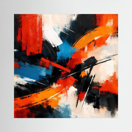 Quadratisches Leinwandbild mit abstrakten Pinselstrichen in Rot, Orange, Blau auf schwarzem Holzkeilrahmen