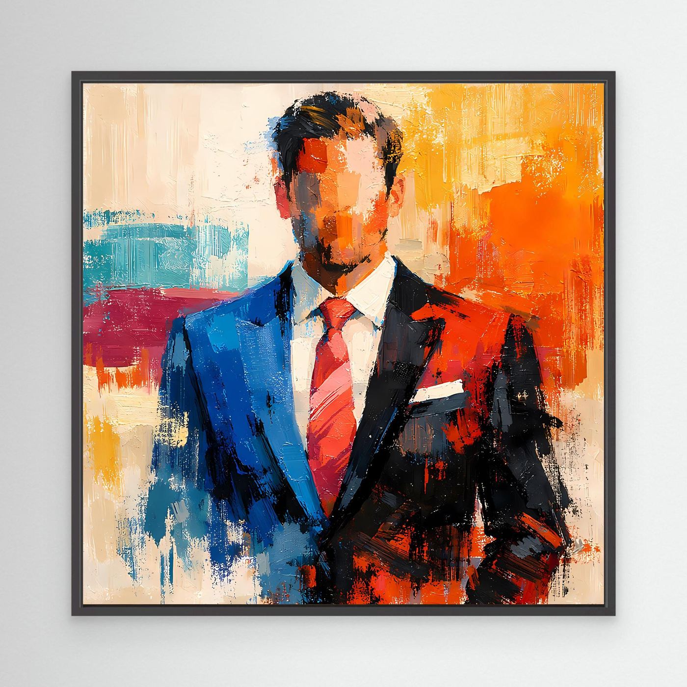 Abstract business wall art with black frame, elegant man in blue/black suit and red tie