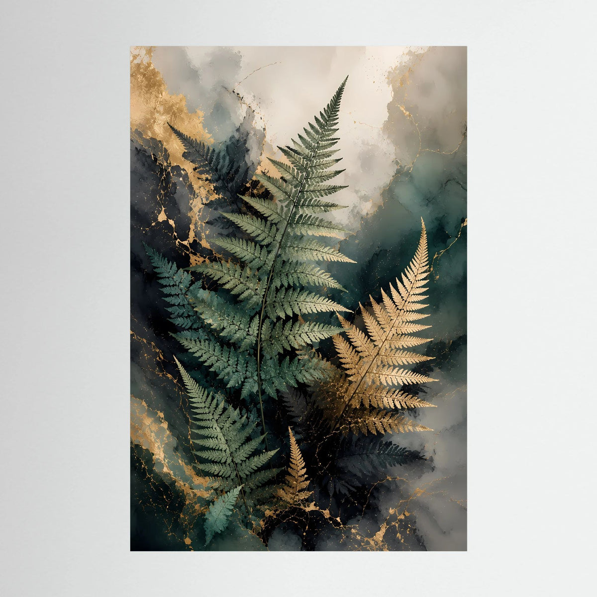 Edle Farnblätter in Grün & Gold | Botanische Kunst auf Marmoroptik | Poster Hochformat
