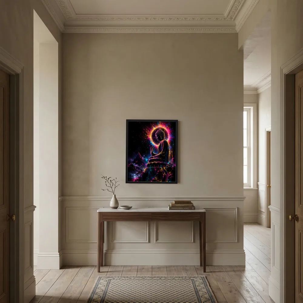 Poster im schwarzen Rahmen mit Buddha-Silhouette im Neonlicht und Aura-Ring