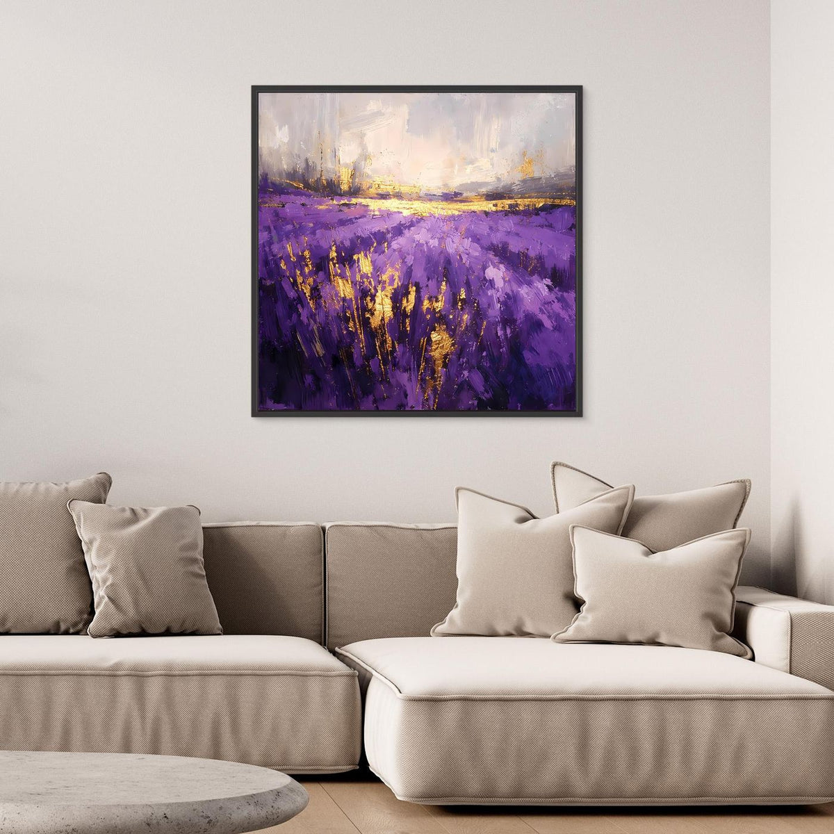 Wandbild Leinwand mit violettem Lavendelfeld, goldenen Akzenten, schwarzer Rahmenleiste