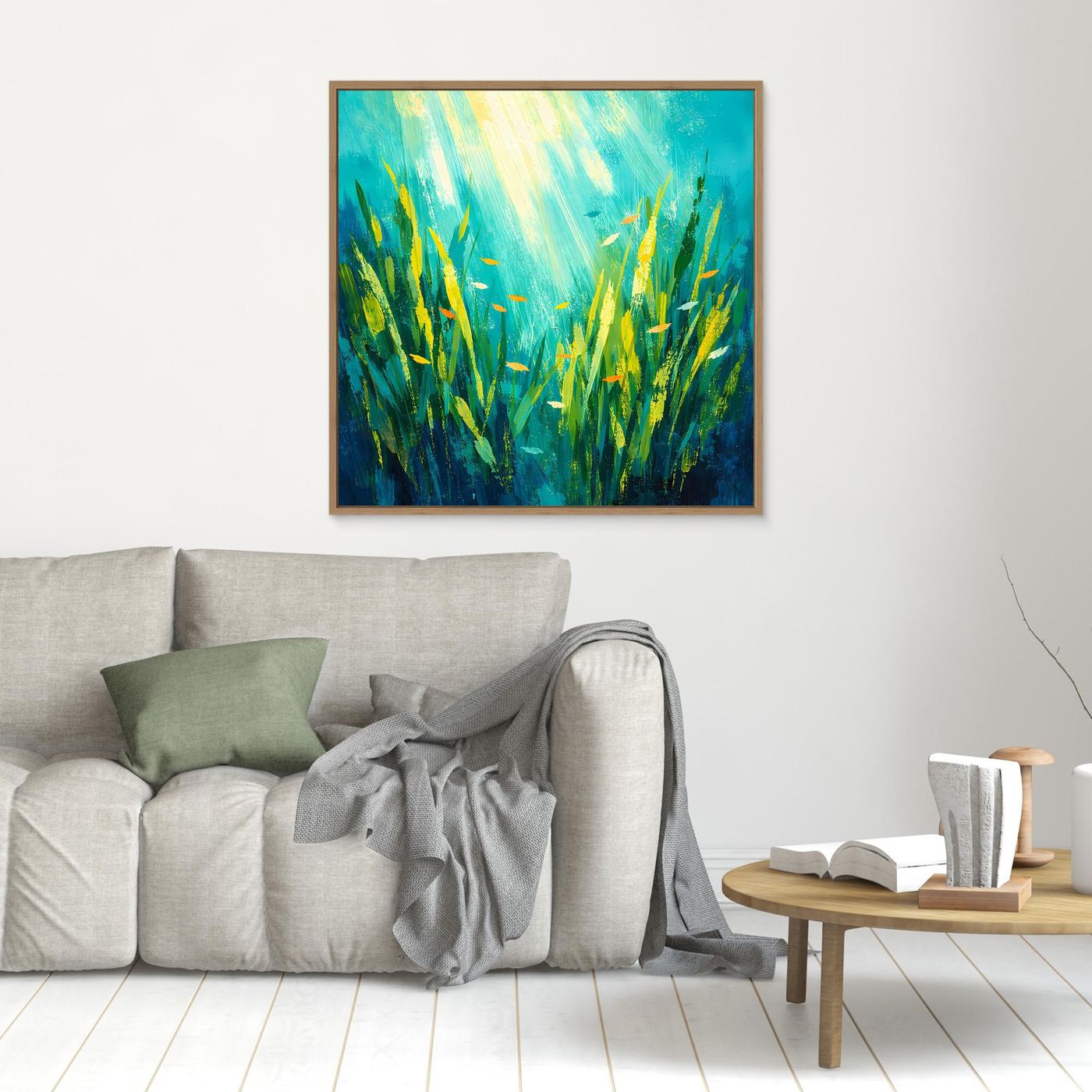 Leinwand Lichtdurchfluteter Algenwald unter Wasser | Abstraktes Ozean Wandbild