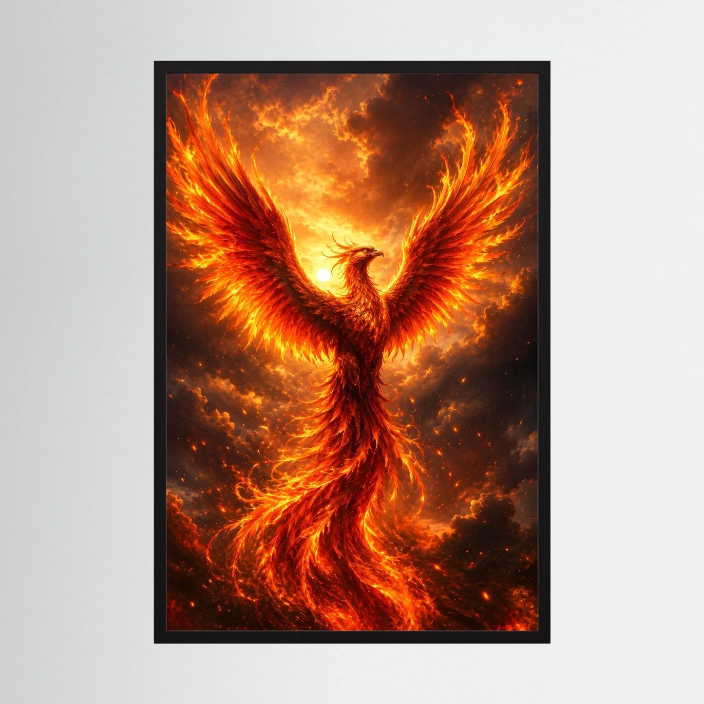 Hochkant-Poster mit feurigem Phönix in Flammen, schwarzer Rahmen