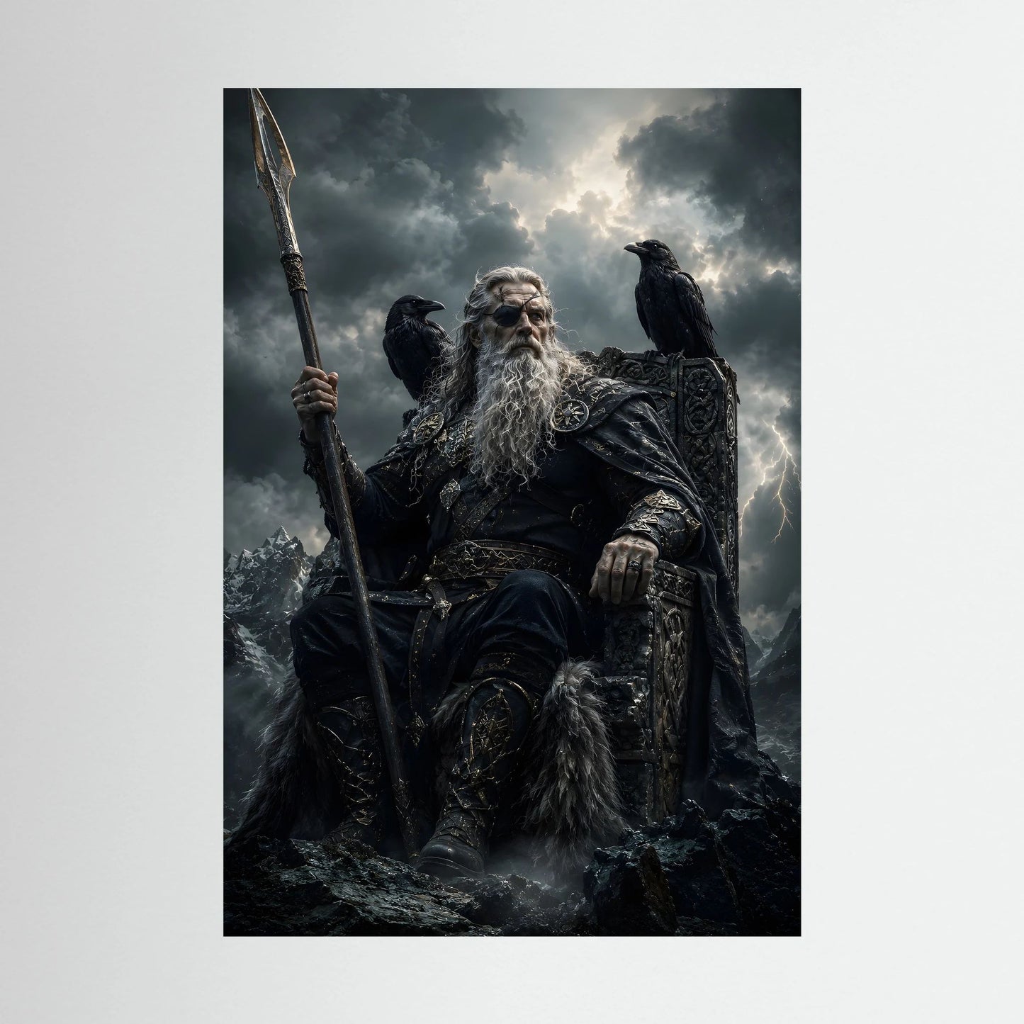 Wikinger-Poster (Hochformat): bärtiger Krieger mit Speer und Raben, Schwarz-Gold.