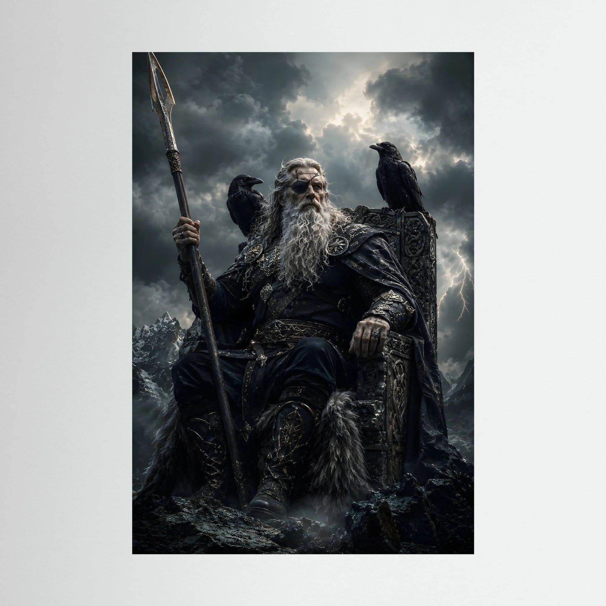 Wikinger-Poster (Hochformat): bärtiger Krieger mit Speer und Raben, Schwarz-Gold.