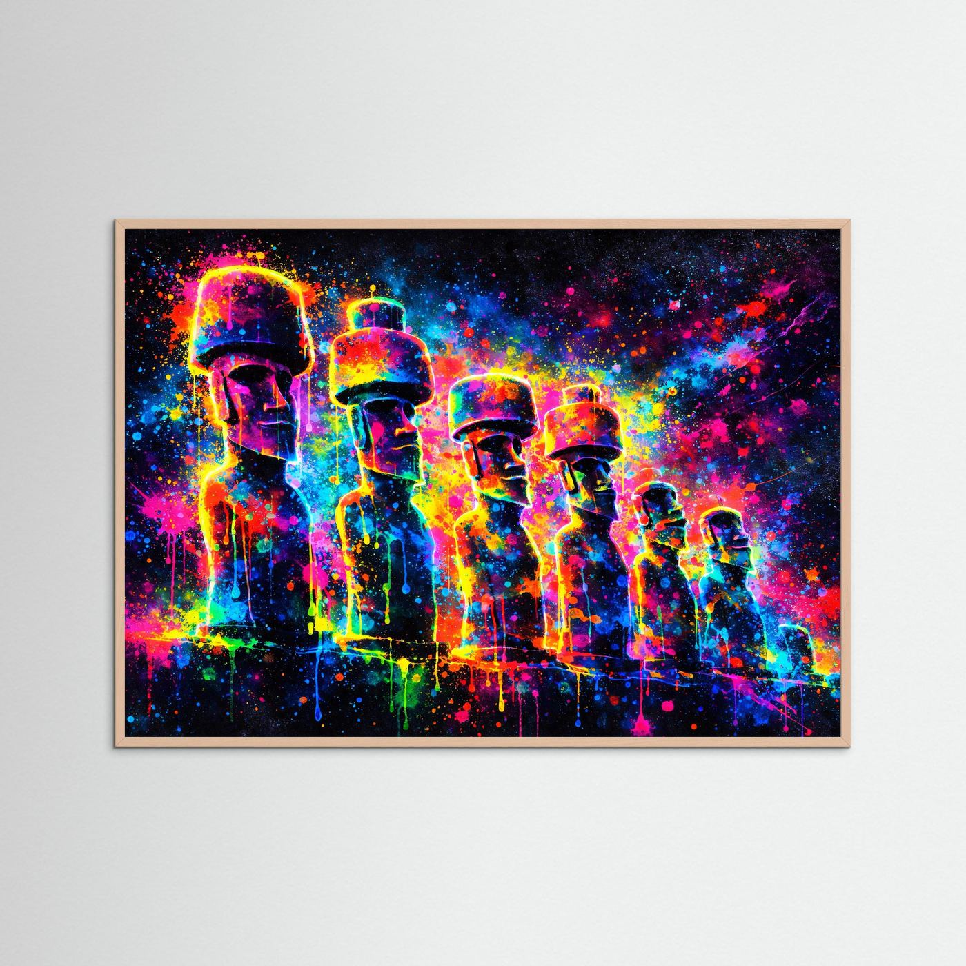 Farbenfrohe Moai Statuen mit Kopfbedeckung | Neon Pop Art & Osterinsel Wandbild Querformat