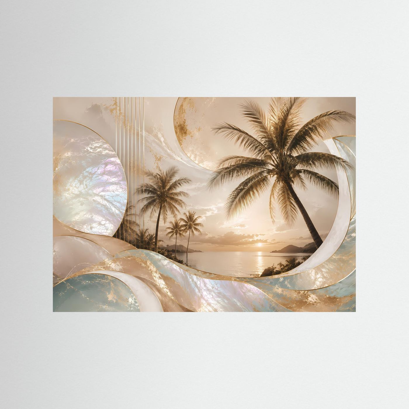 Poster Querformat mit Palmen, Sonnenuntergang und perlmuttartigen Wellen, ohne Rahmen
