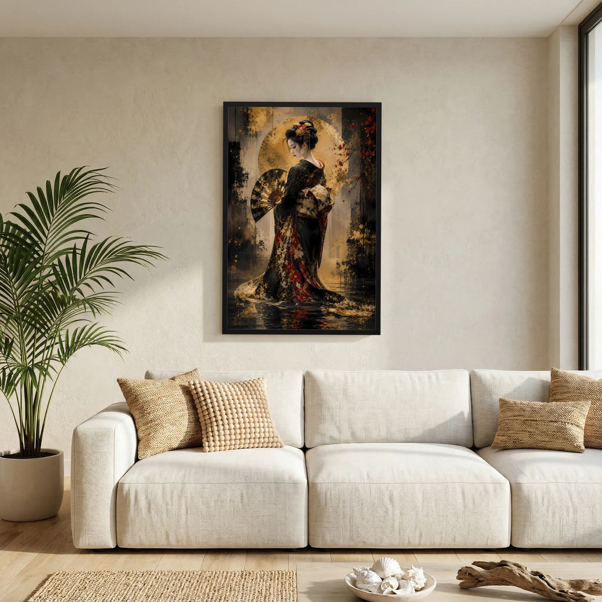 Framed Hochformat-Poster mit Geisha im schwarzen und goldenen Kimono, zentrale Figur
