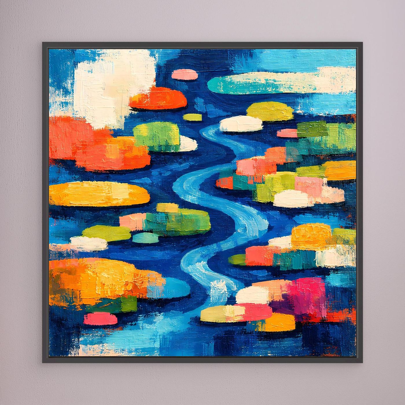 Abstraktes Leinwand-Wandbild mit Flusslauf und bunten Seerosen, dunkelgrauer Rahmen