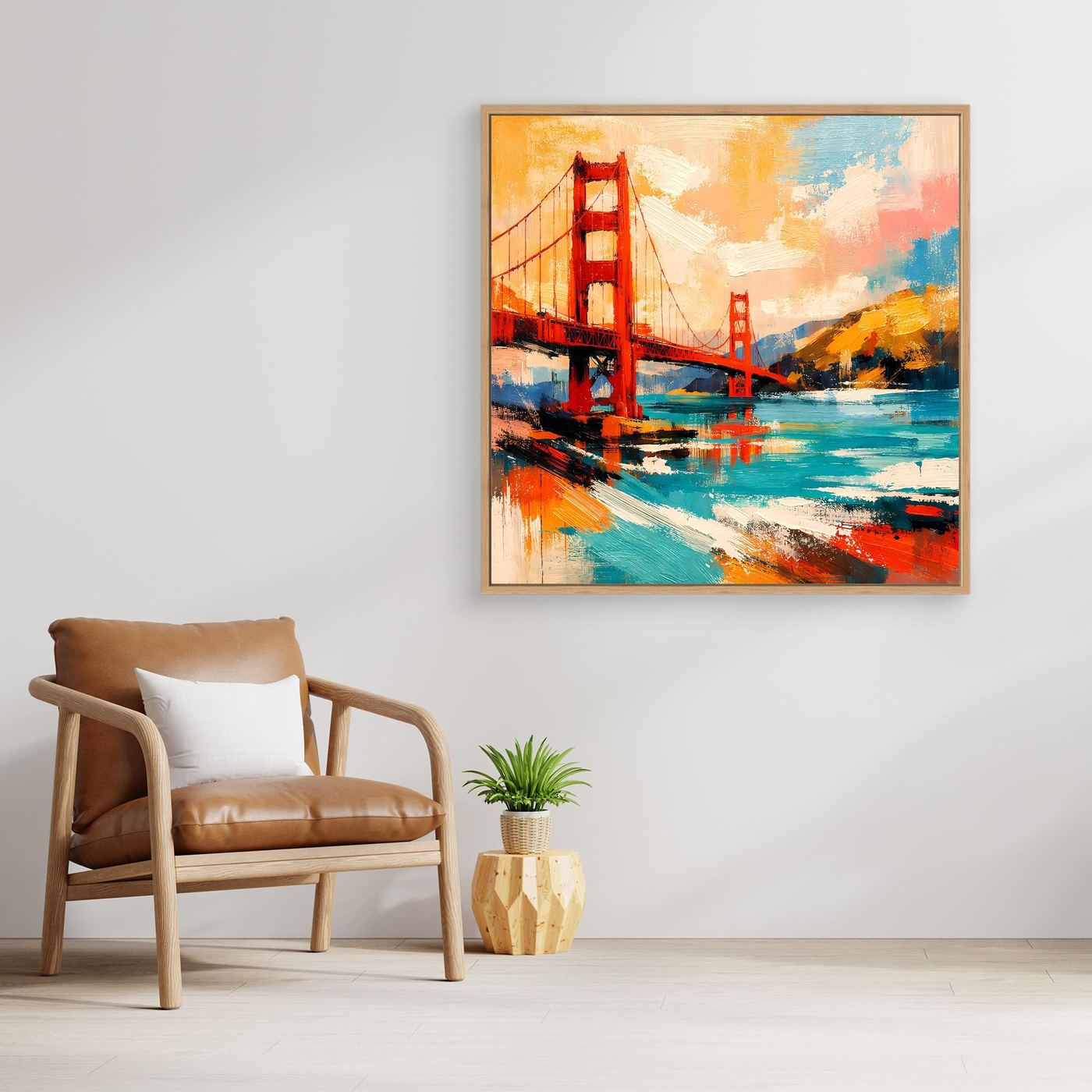 Oak-framed canvas wall art with abstract Golden Gate Bridge in teal, red, and warm tones