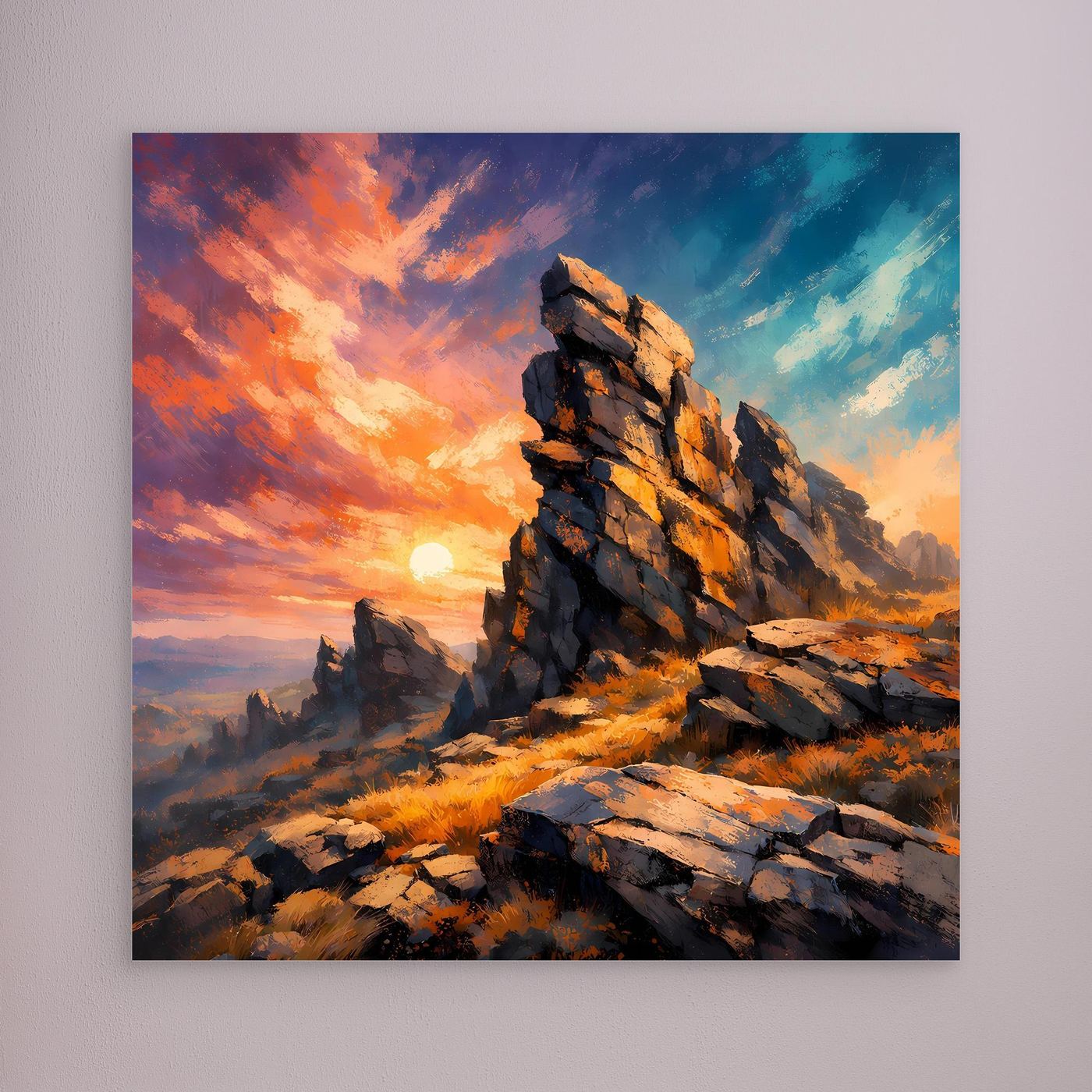 Premium Leinwand Monumentale Felsformation im Sonnenuntergang | Abstraktes Gebirge Wandbild