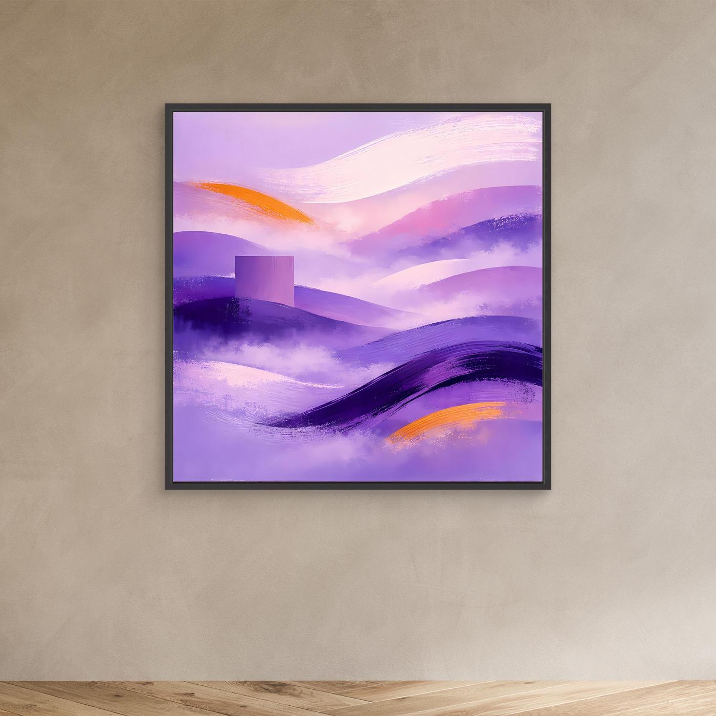 Abstraktes Leinwandbild mit Berglandschaft, Flieder/Violett-Töne, schwarzer Rahmen