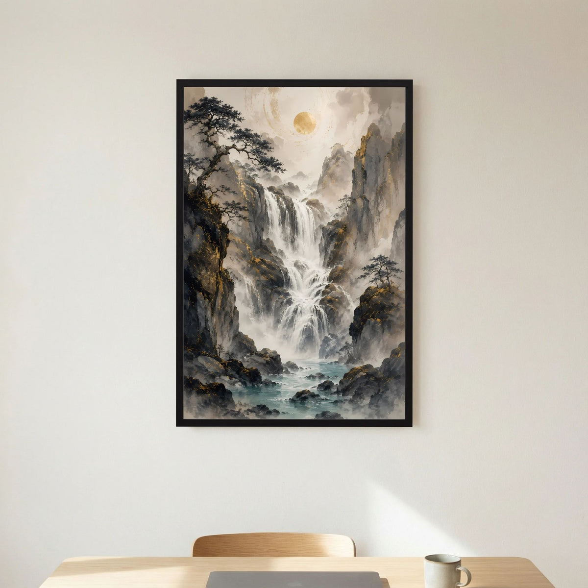 Hochformat-Poster mit Wasserfall in felsiger Berglandschaft, schwarzer Rahmen