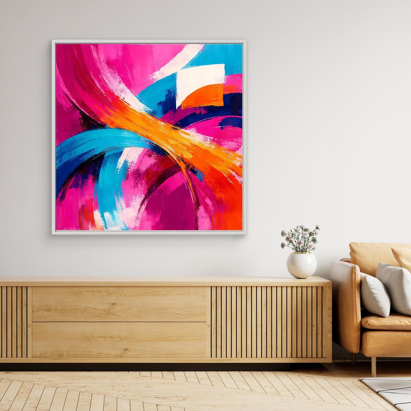 Abstraktes Leinwand-Wandbild mit bunten Pinselstrichen, quadratischer Rahmen, hell